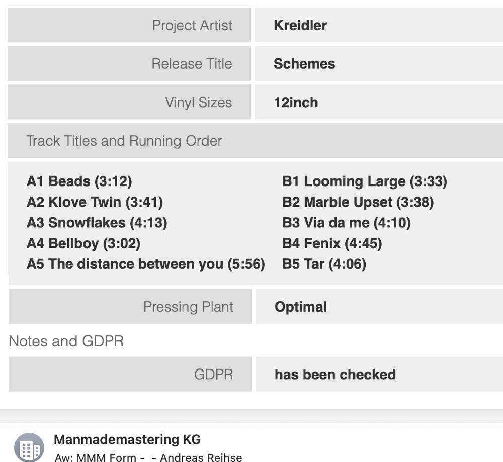 mastering order form for new Kreidler album